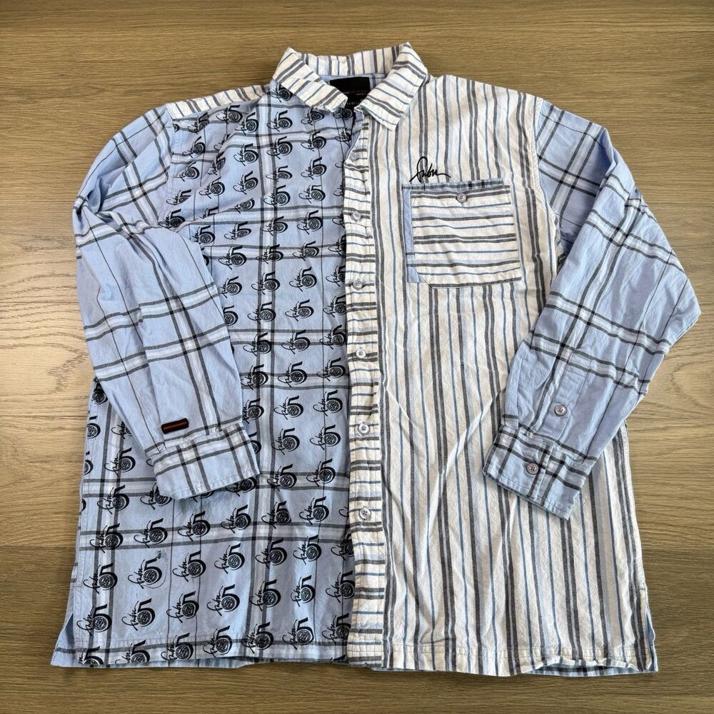 Fubu Shirt Men XXL 5 The Collection Patchwork Geometric Stripes Cotton